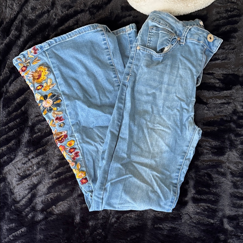 Floral Embroidered Blue Flare Jeans